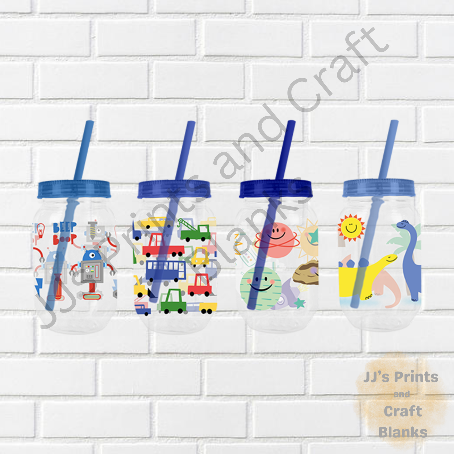 Boys Print Mason Jar with Straw