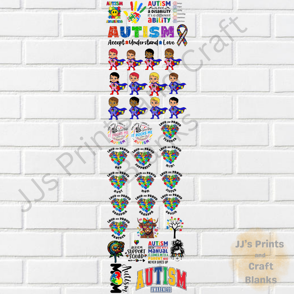 Pre made uv-dtf autism design 1 meter gang sheet