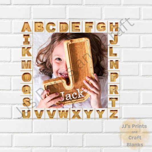 Wooden alphabet money boxes (Stained wood)